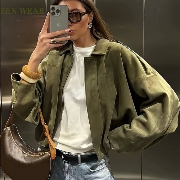 Olive Suede Zip-Front Jacket - Picture 2 of 4